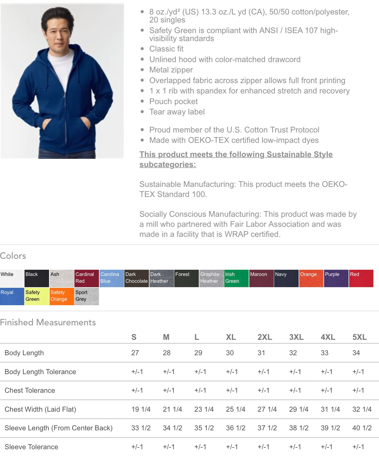 Gildan Hooded Zip Up sizing/color chart