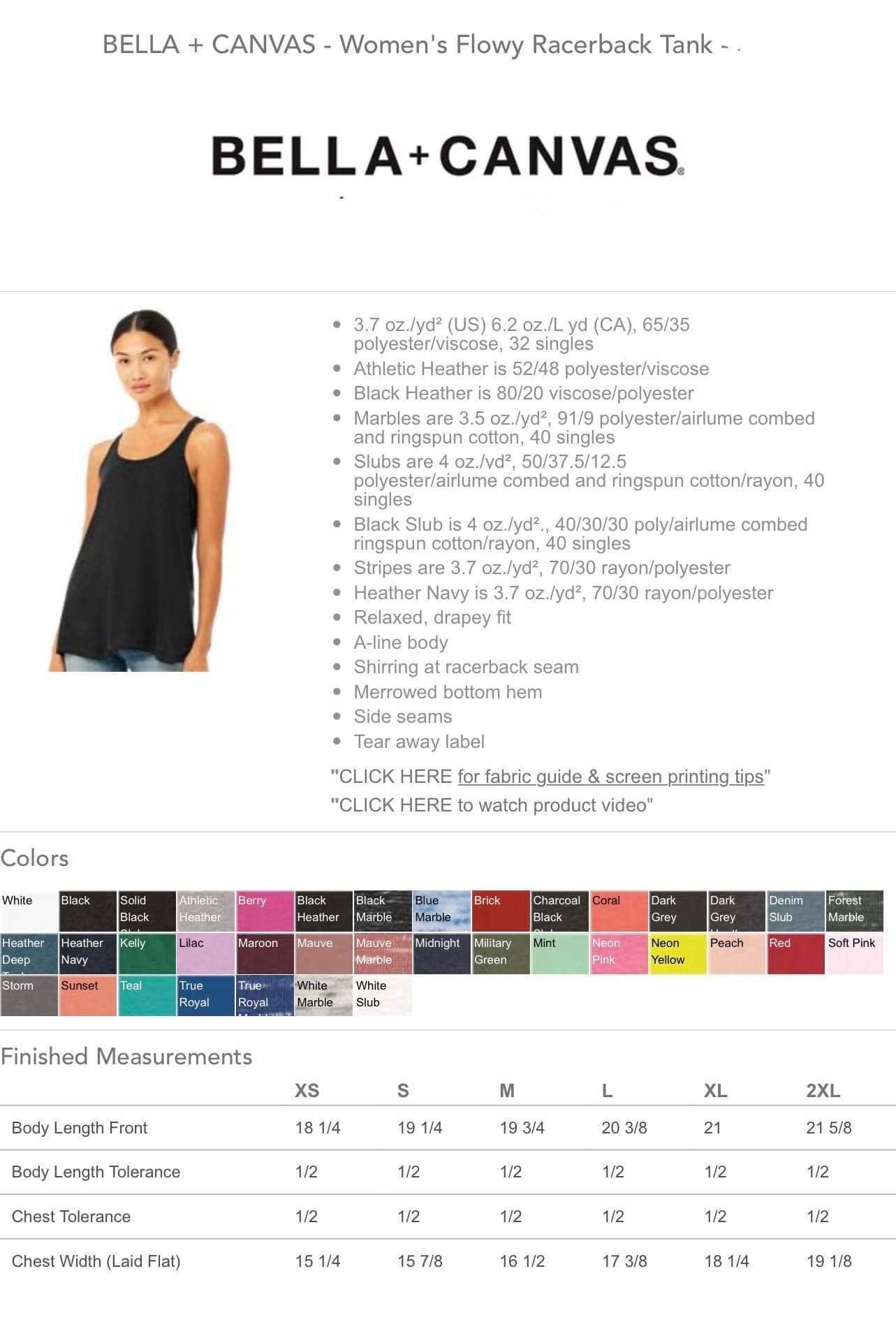 Bella Canvas Flowy Racerback Tank sizing/color chart