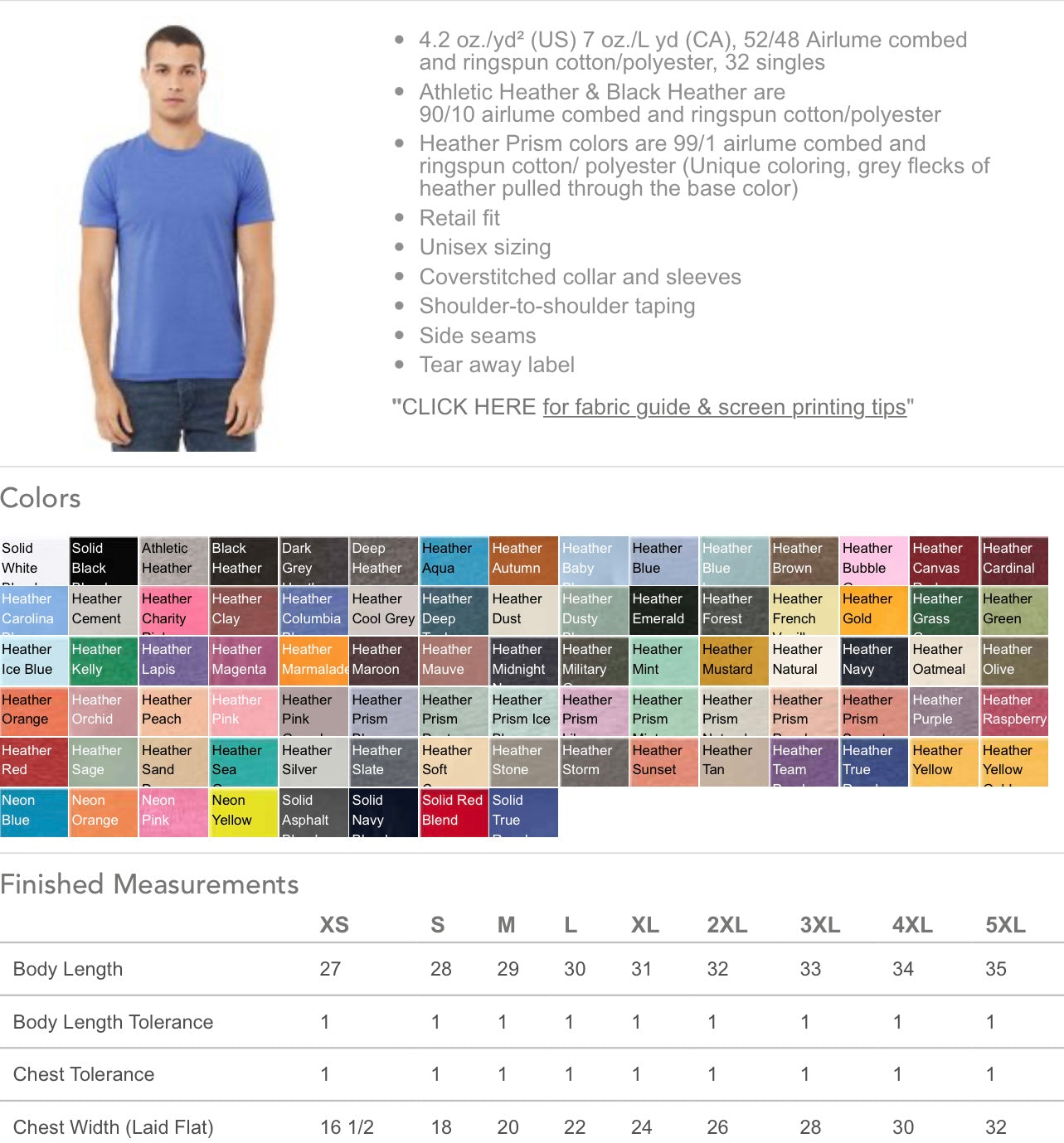 Bella Canvas T shirt sizing/color chart